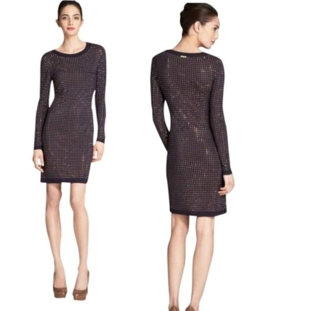 MICHAEL Michael Kors Studded Long Sleeve Dress Dark Navy Stretch Women's Size Me - Picture 2 of 6